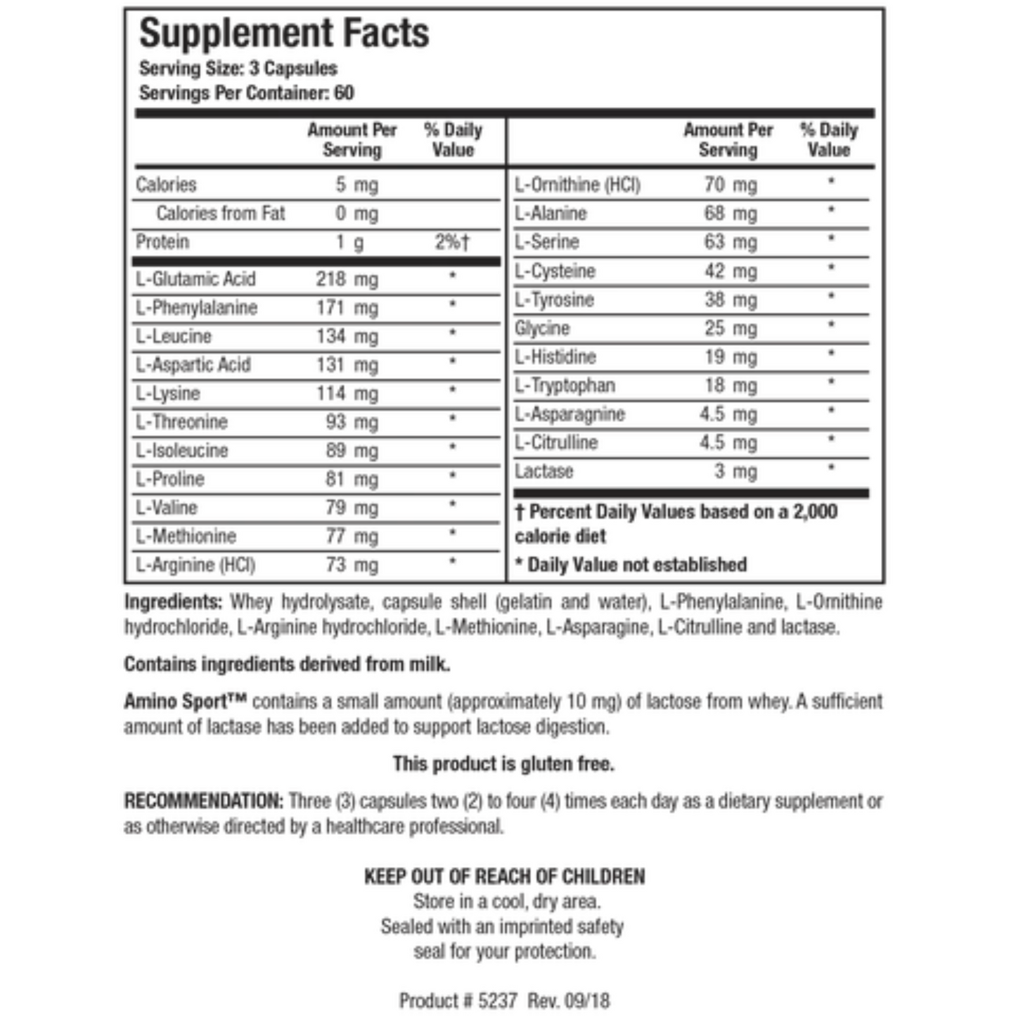 Amino Sport supplement facts panel by Biotics Research showing the broad spectrum amino acid profile