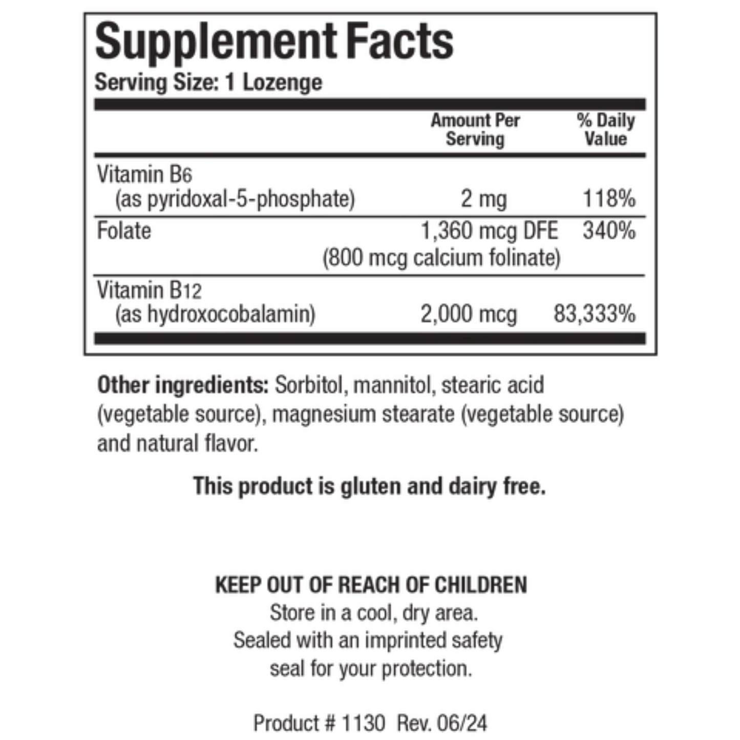 B12-2000 supplement facts label showing high-potency Vitamin B12, Folate, and B6 levels