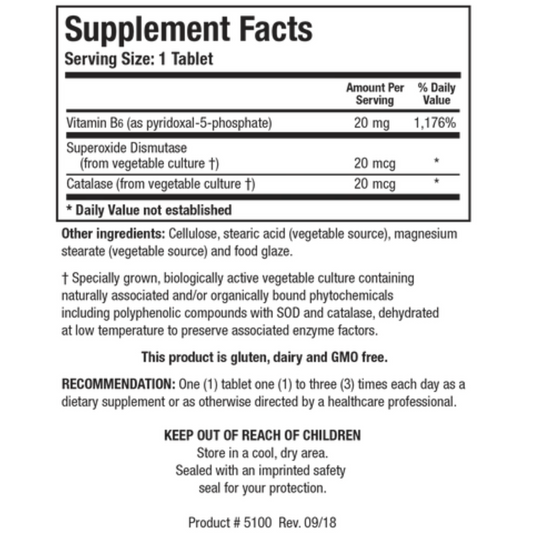 B6 Phosphate supplement facts panel showing Pyridoxal-5-Phosphate and antioxidant enzymes SOD and Catalase