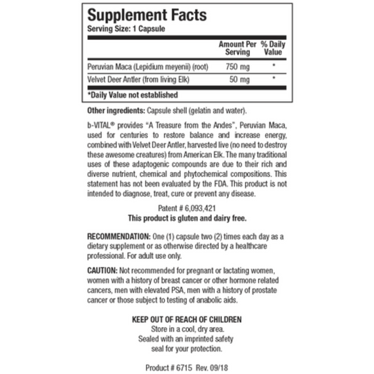b-VITAL supplement facts panel showing Peruvian Maca and Velvet Deer Antler ingredients