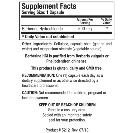 Berberine HCl supplement facts label showing high-quality Berberis vulgaris extract