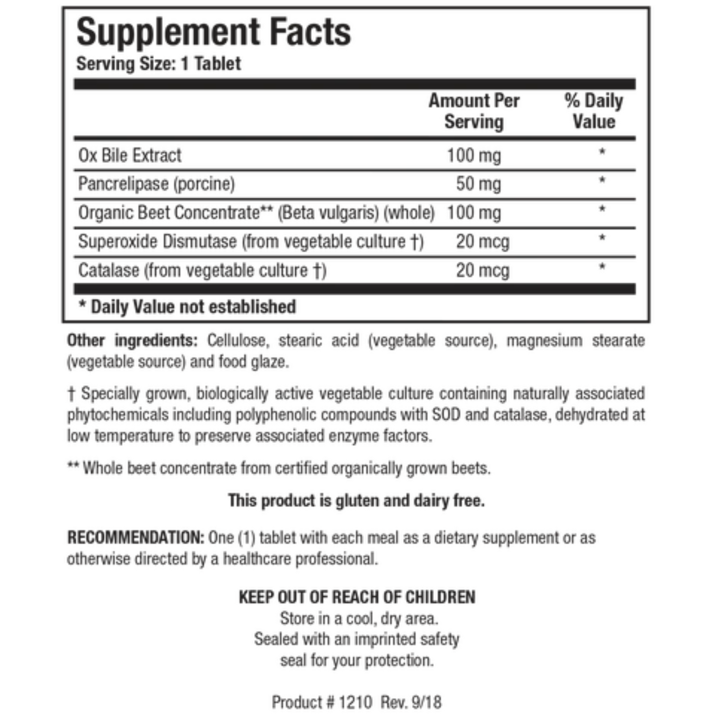 Beta Plus supplement facts label showing bile salts, organic beet concentrate, and antioxidant enzymes