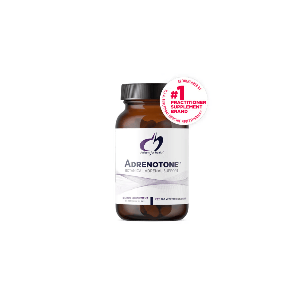 Adrenotone by Designs for Health 180-capsule bottle supporting adrenal health, adaptogenic stress response, energy, and hormonal balance