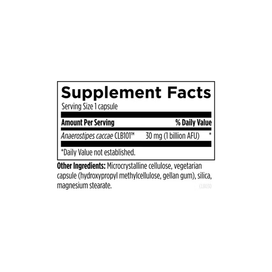 Supplement Facts label for Anaerostipes Probiotic by Designs for Health showing Anaerostipes caccae and other ingredients supporting gut health, microbiome balance, and digestive wellness