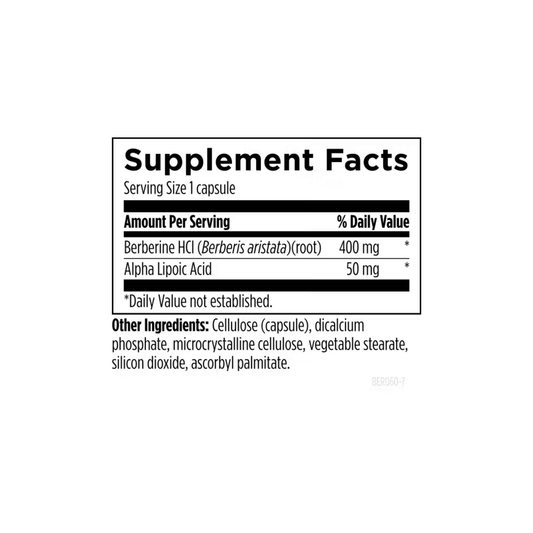 Supplement Facts label for Berberine Synergy by Designs for Health showing berberine and alpha-lipoic acid content supporting glucose metabolism, insulin function, lipid balance, and overall metabolic wellness