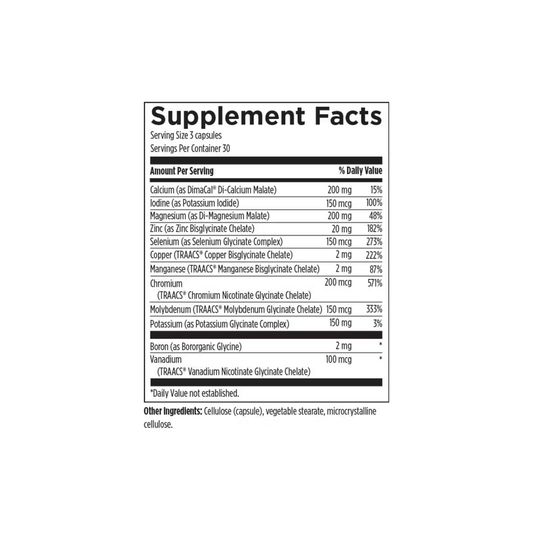 Supplement Facts label for Complete Mineral Complex by Designs for Health showing chelated minerals and ingredients supporting mineral repletion, enzyme function, and overall wellness