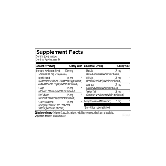 Supplement Facts label for MycoSupreme by Designs for Health showing eight functional mushrooms, beta-glucans, and ergothioneine supporting healthy aging, immune function, and antioxidant protection