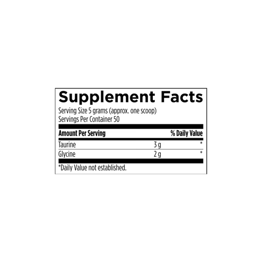Supplement facts label for Designs for Health Taurine + Glycine Powder displaying taurine and glycine amounts and nutritional information
