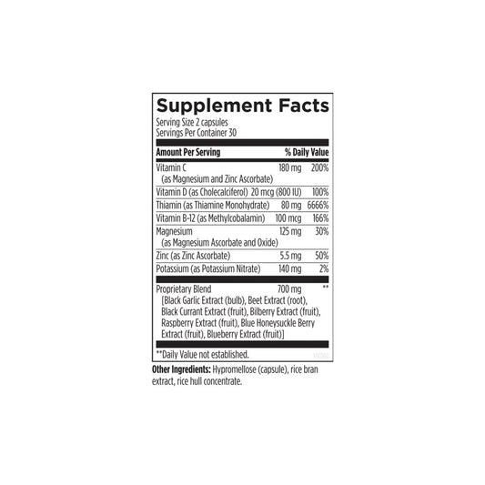 Vascanox HP supplement facts panel by Designs for Health showing beetroot extract, black garlic extract, vitamin C, berry extracts, and potassium nitrate