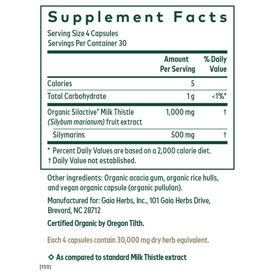 Gaia Herbs Pro Milk Thistle 1000 Ingredients
