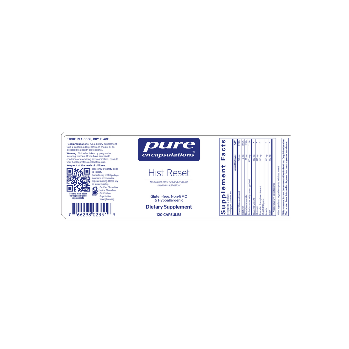 Pure Encapsulations Hist Reset supplement full label showing ingredients for histamine balance, immune support, and healthy inflammation response.