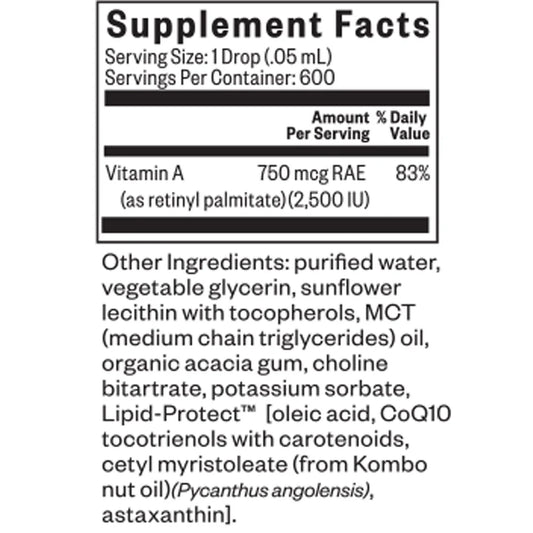 Vitamin A supplement facts label with detailed ingredient list on a white background
