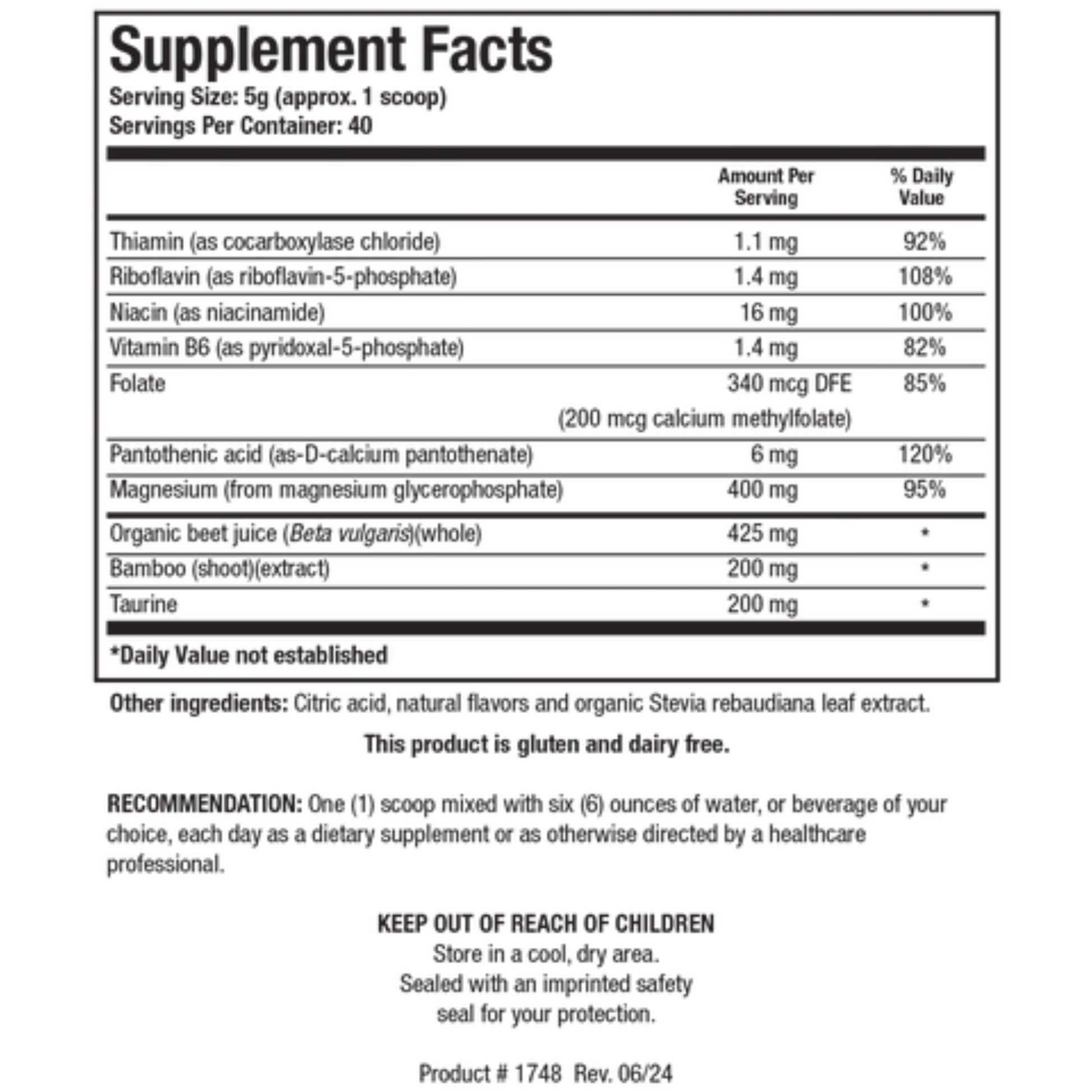 Acti-Mag Plus supplement facts panel by Biotics Research showing magnesium glycerophosphate, taurine, and organic beetroot juice