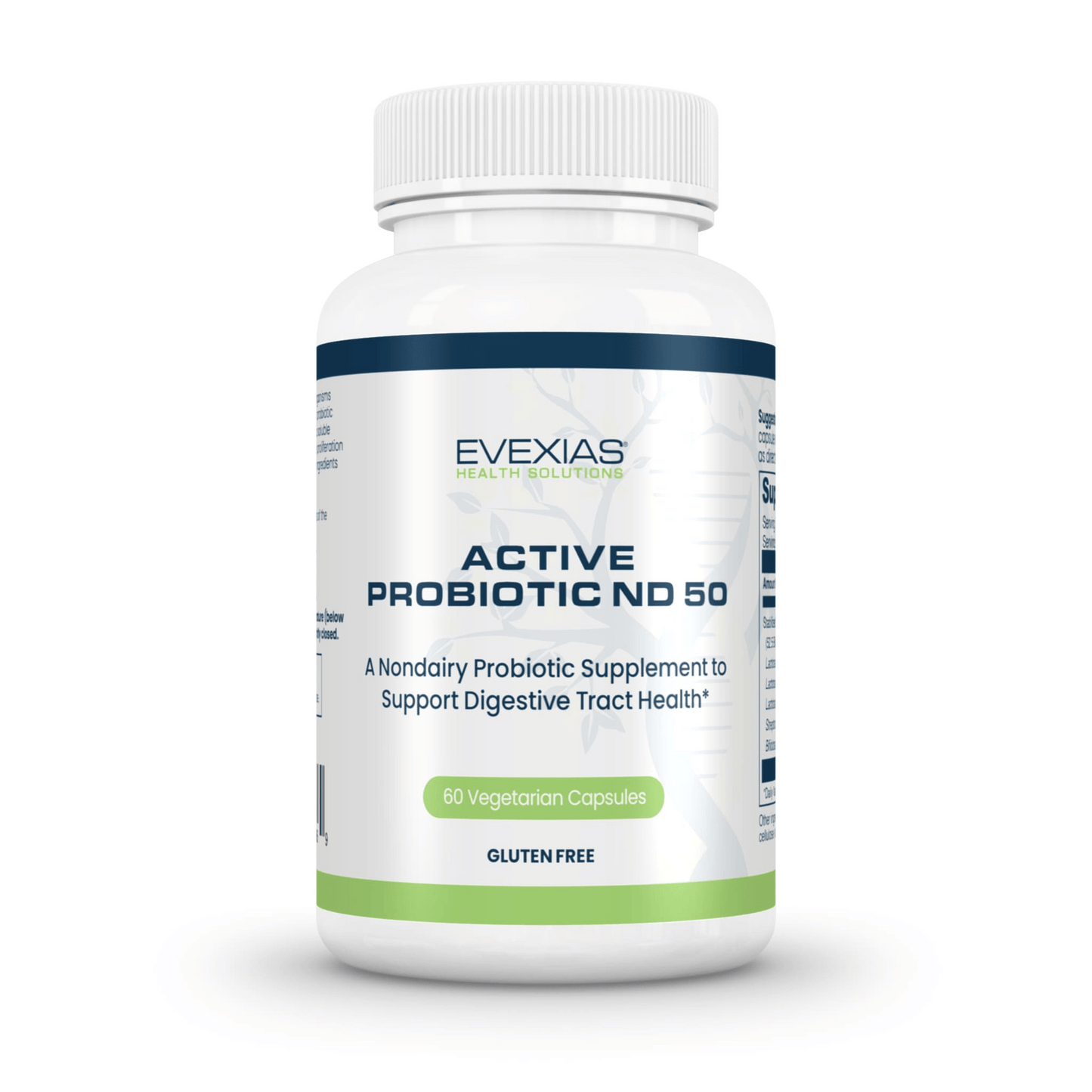 Bottle of Evexias Active Probiotic ND 50 gluten-free non-dairy supplement with 60 vegetarian capsules for digestive health