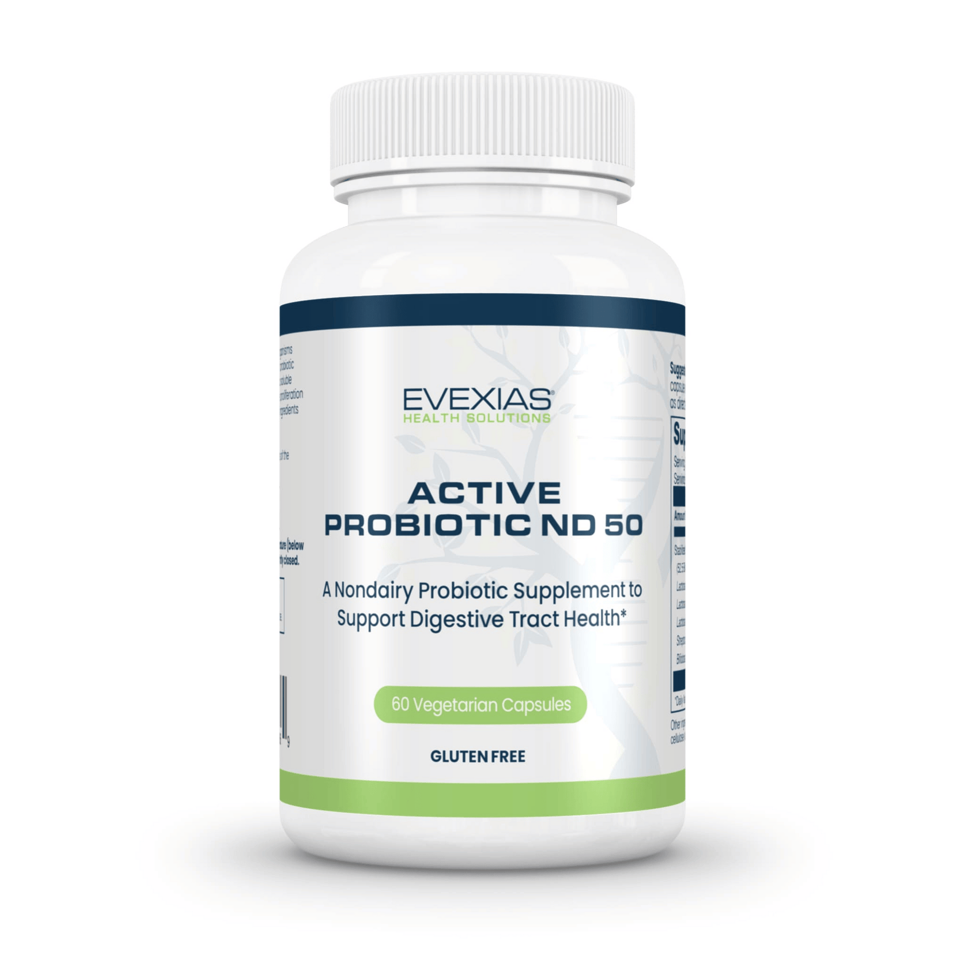 Bottle of Evexias Active Probiotic ND 50 gluten-free non-dairy supplement with 60 vegetarian capsules for digestive health