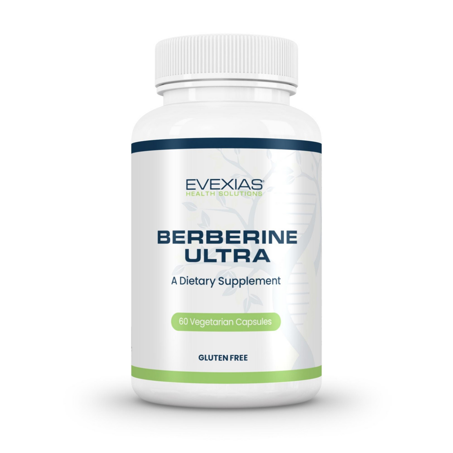 Berberine Ultra dietary supplement bottle by Evexias Health Solutions with 60 vegetarian capsules for cardiovascular, cognitive, gastrointestinal health and weight management.