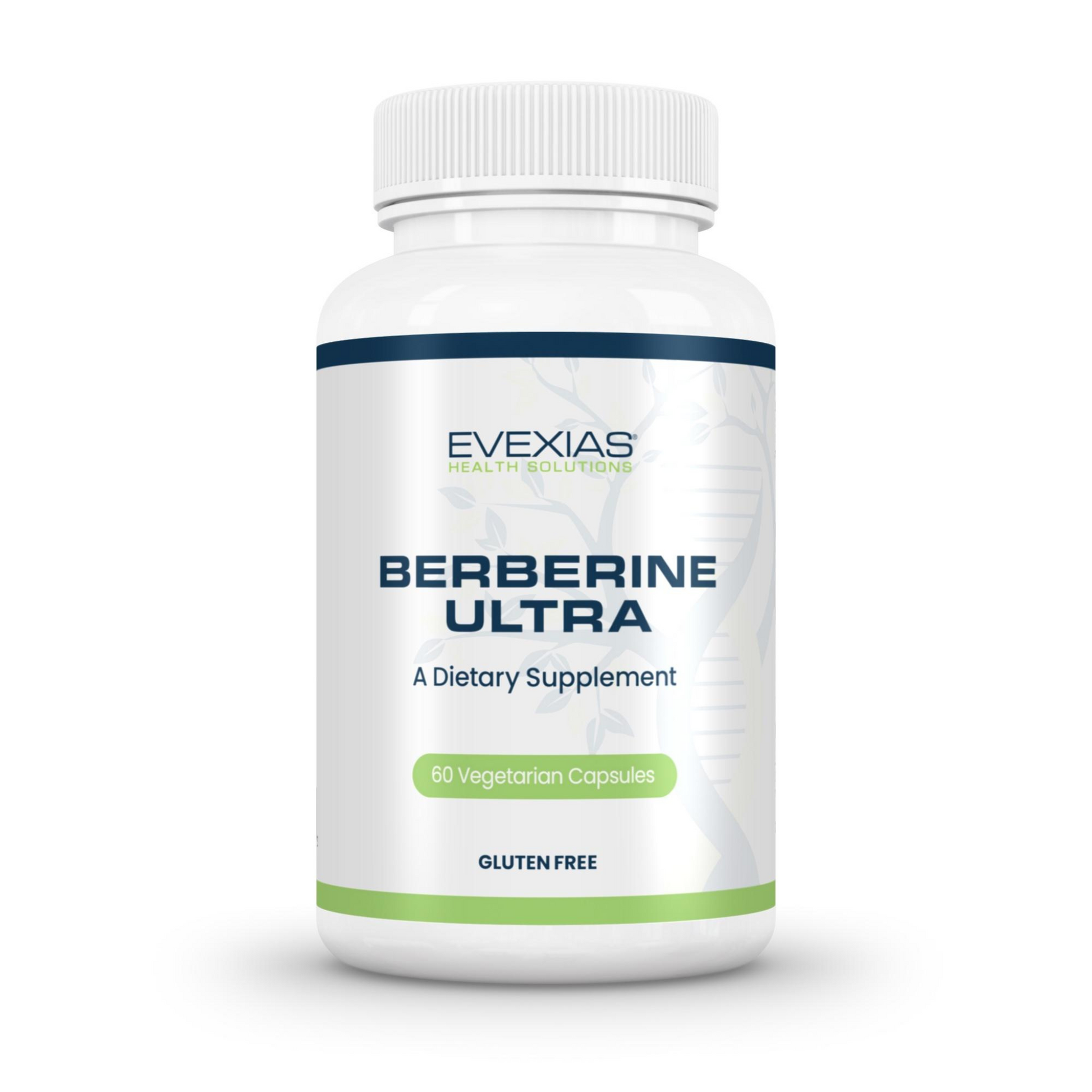 Berberine Ultra dietary supplement bottle by Evexias Health Solutions with 60 vegetarian capsules for cardiovascular, cognitive, gastrointestinal health and weight management.