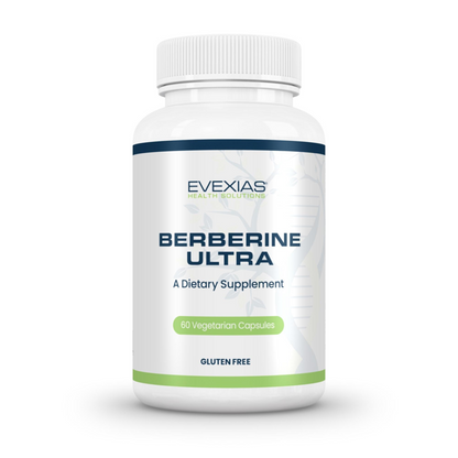Berberine Ultra dietary supplement bottle by Evexias Health Solutions with 60 vegetarian capsules for cardiovascular, cognitive, gastrointestinal health and weight management.
