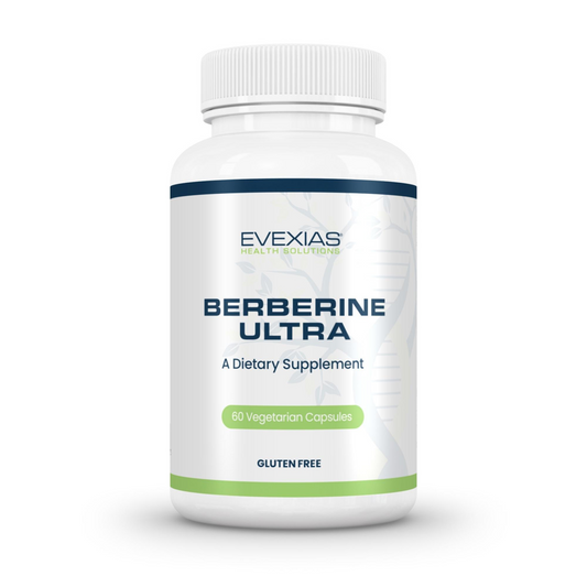 Berberine Ultra dietary supplement bottle by Evexias Health Solutions with 60 vegetarian capsules for cardiovascular, cognitive, gastrointestinal health and weight management.