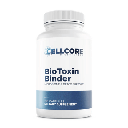 CellCore BioToxin Binder dietary supplement bottle for microbiome and detox support with 120 capsules