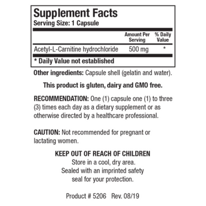 Acetyl-L-Carnitine supplement facts panel by Biotics Research showing ALC for central nervous system and metabolic support