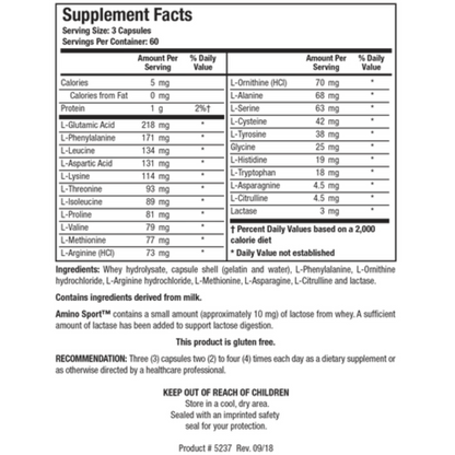 Amino Sport supplement facts panel by Biotics Research showing the broad spectrum amino acid profile