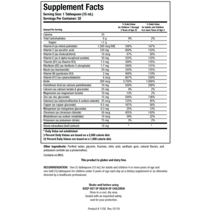 Aqueous Multi-Plus supplement facts label by Biotics Research showing the full spectrum of vitamins and minerals