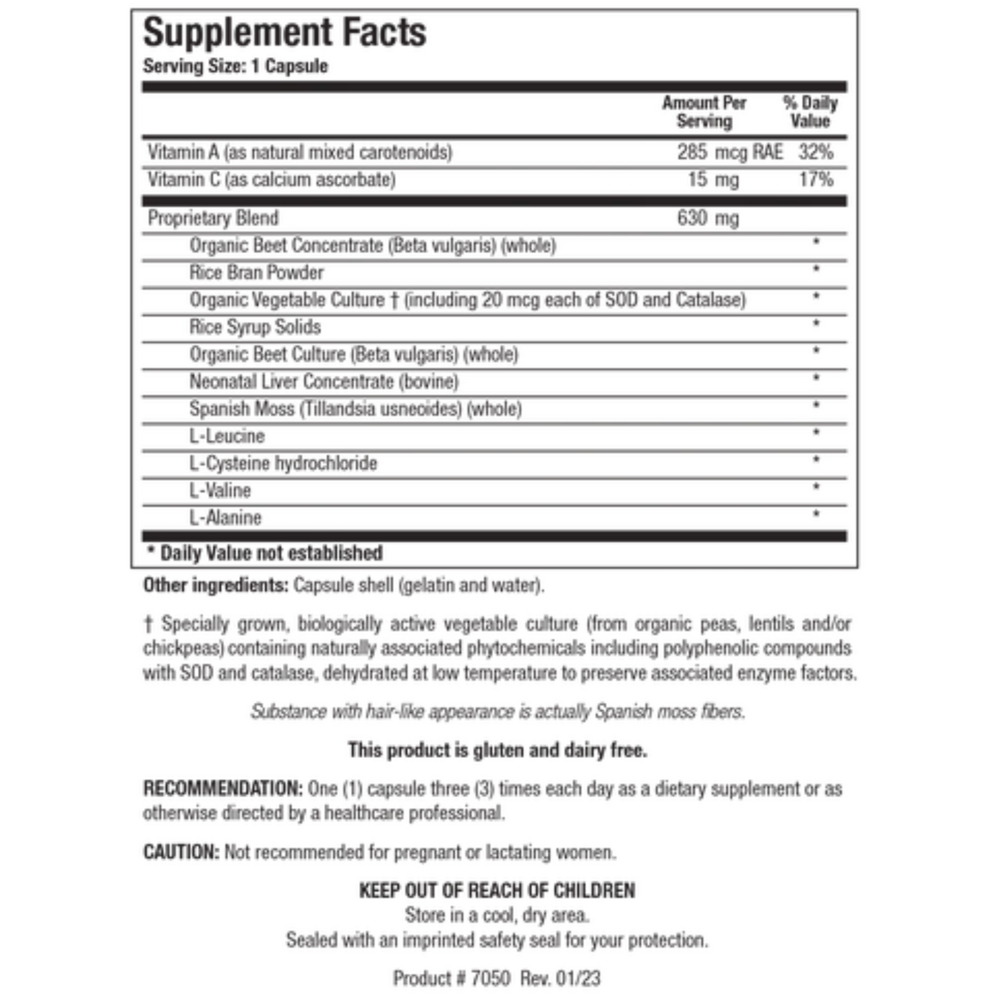 Argizyme supplement facts label showing the blend of botanicals, amino acids, and organ-specific nutrients