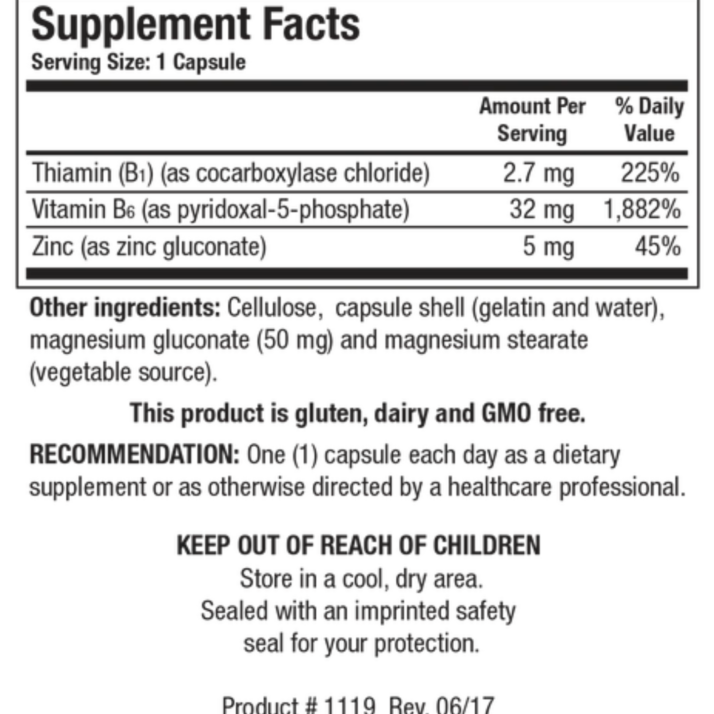 B6/B1 Plus Zinc supplement facts label showing the combination of B vitamins and essential zinc