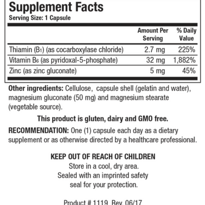 B6/B1 Plus Zinc supplement facts label showing the combination of B vitamins and essential zinc