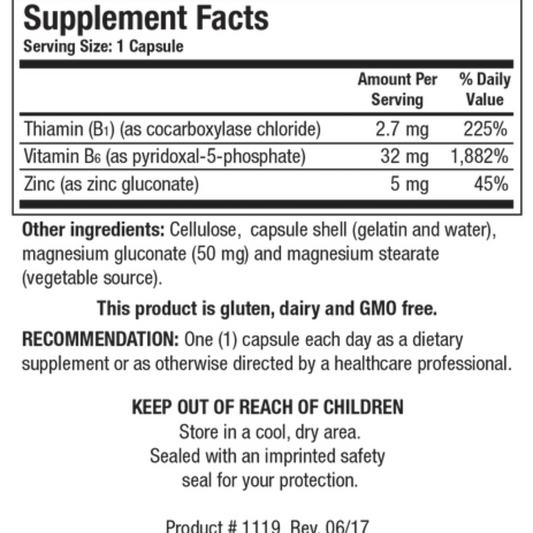 B6/B1 Plus Zinc supplement facts label showing the combination of B vitamins and essential zinc