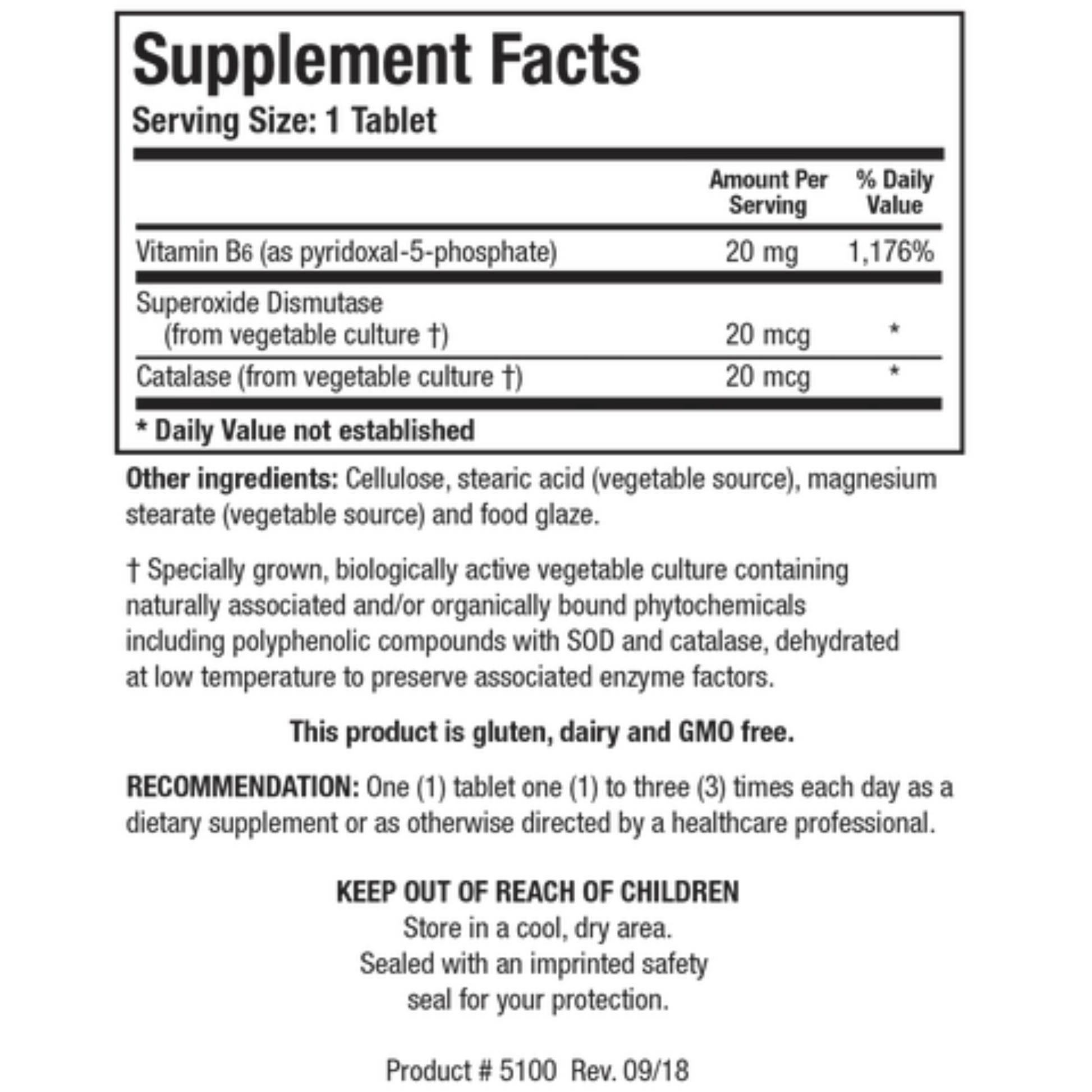 B6 Phosphate supplement facts panel showing Pyridoxal-5-Phosphate and antioxidant enzymes SOD and Catalase