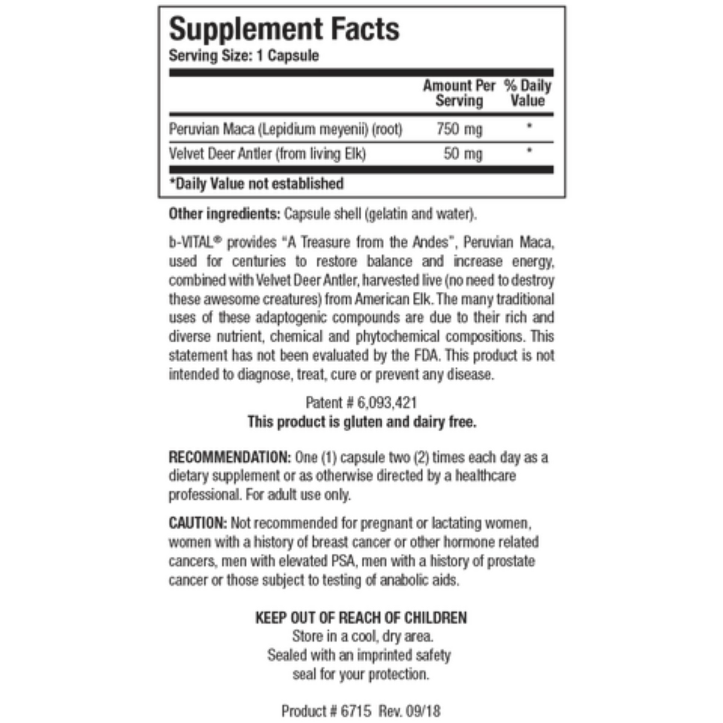 b-VITAL supplement facts panel showing Peruvian Maca and Velvet Deer Antler ingredients
