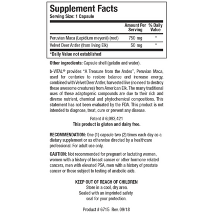 b-VITAL supplement facts panel showing Peruvian Maca and Velvet Deer Antler ingredients