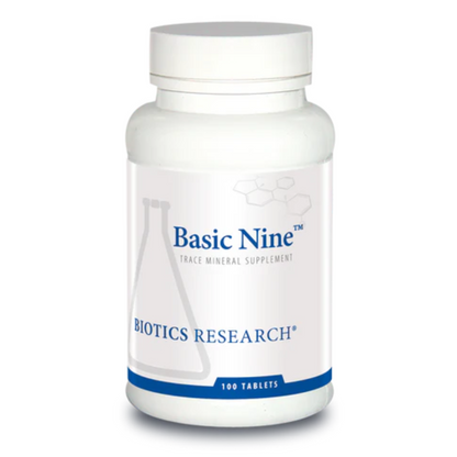 Basic Nine supplement bottle by Biotics Research for rare trace mineral support
