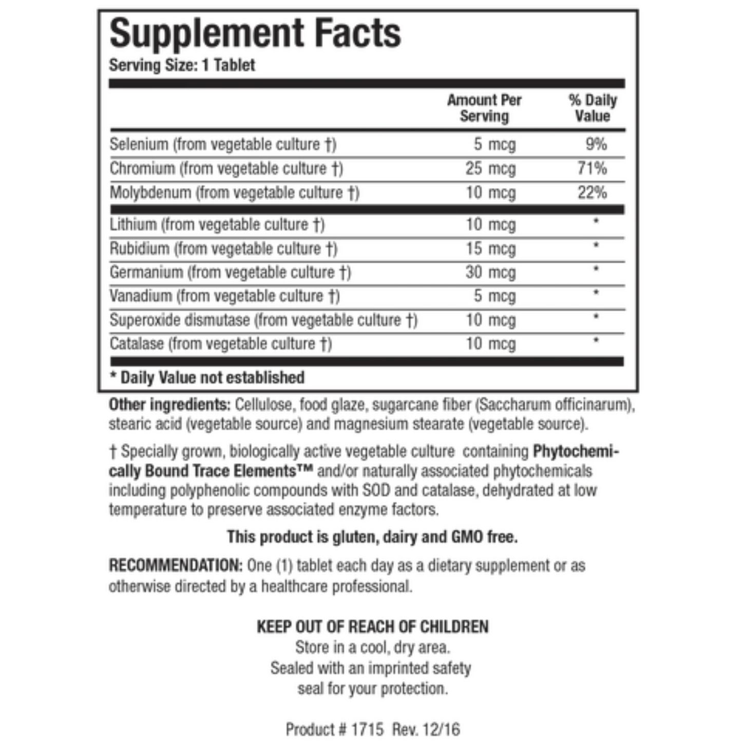 Basic Nine supplement facts label showing phytochemically-bound trace minerals and antioxidant enzymes