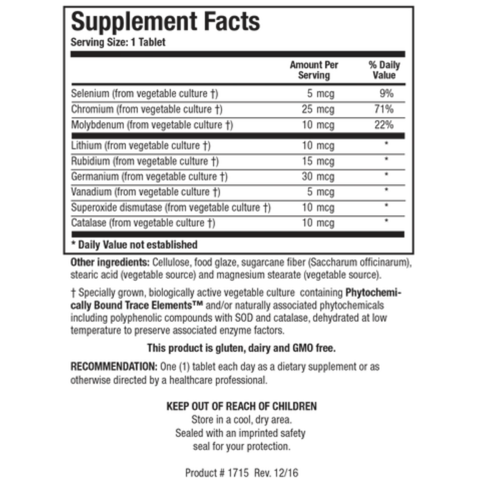 Basic Nine supplement facts label showing phytochemically-bound trace minerals and antioxidant enzymes