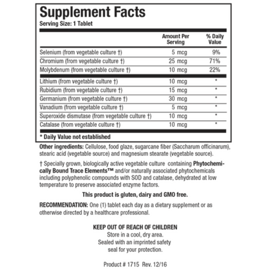 Basic Nine supplement facts label showing phytochemically-bound trace minerals and antioxidant enzymes