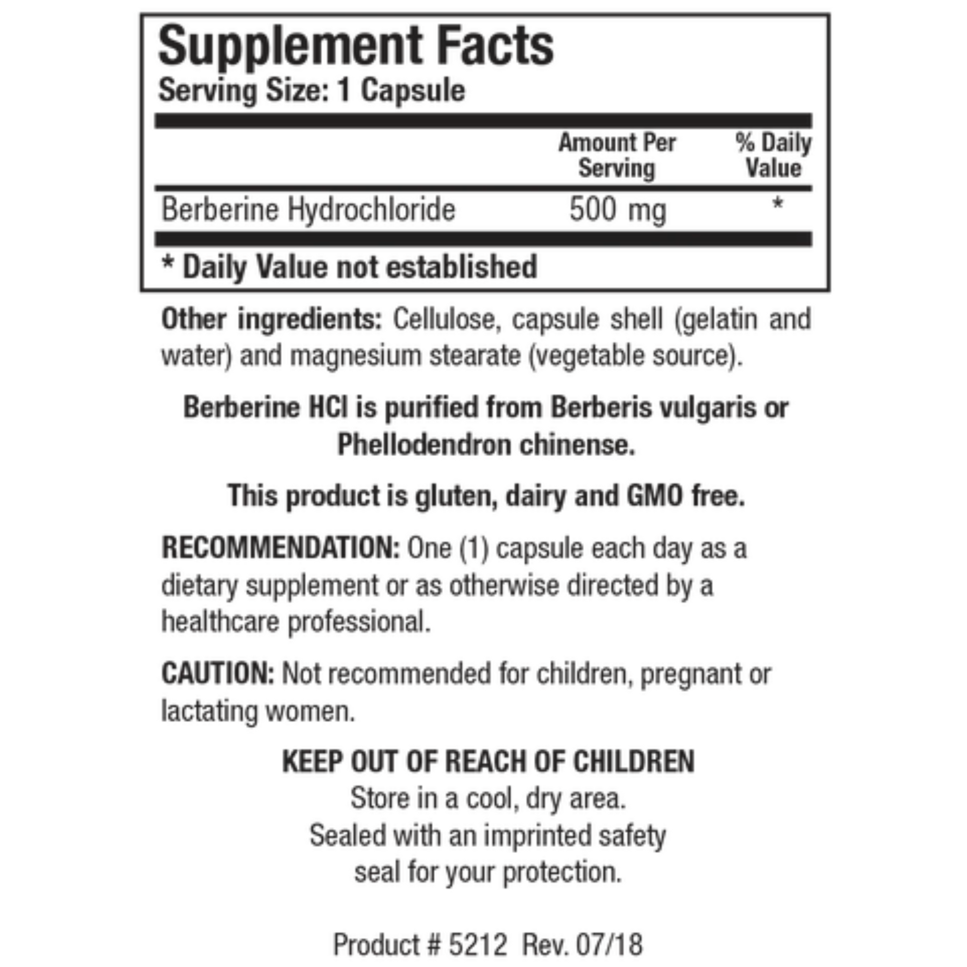 Berberine HCl supplement facts label showing high-quality Berberis vulgaris extract