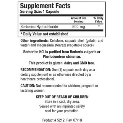 Berberine HCl supplement facts label showing high-quality Berberis vulgaris extract