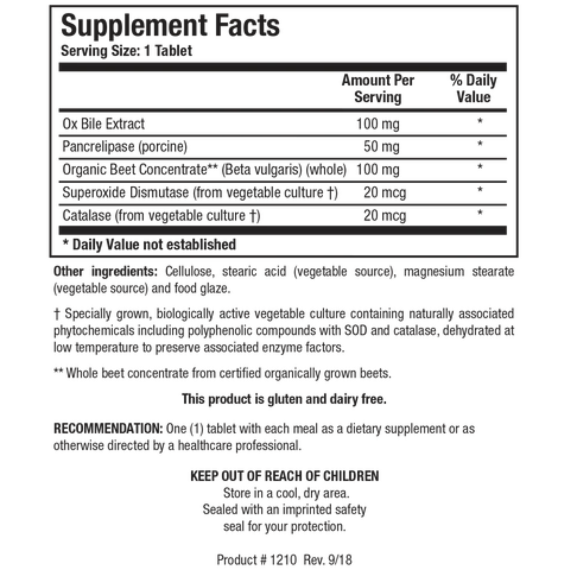 Beta Plus supplement facts label showing bile salts, organic beet concentrate, and antioxidant enzymes