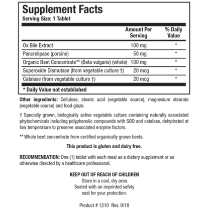 Beta Plus supplement facts label showing bile salts, organic beet concentrate, and antioxidant enzymes