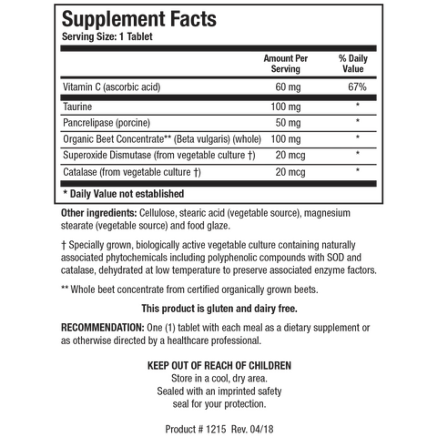 Beta-TCP supplement facts label showing organic beet concentrate, taurine, and vitamin C ingredients