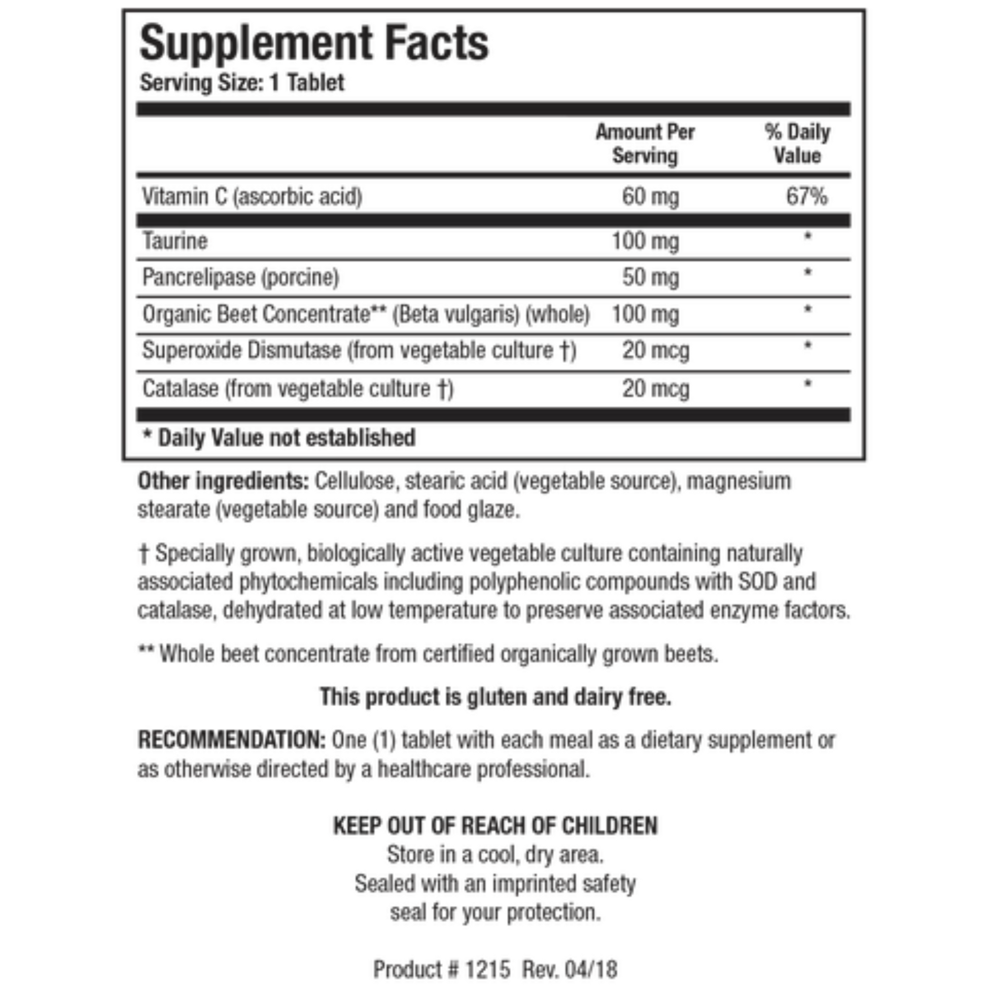 Beta-TCP supplement facts label showing organic beet concentrate, taurine, and vitamin C ingredients