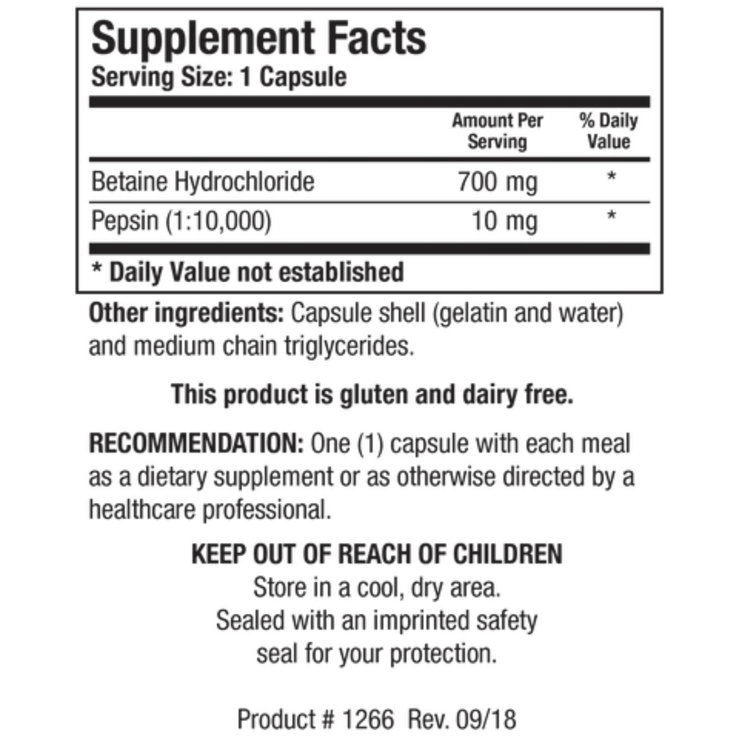 Betaine Plus HP supplement facts label showing Betaine Hydrochloride and Pepsin concentrations