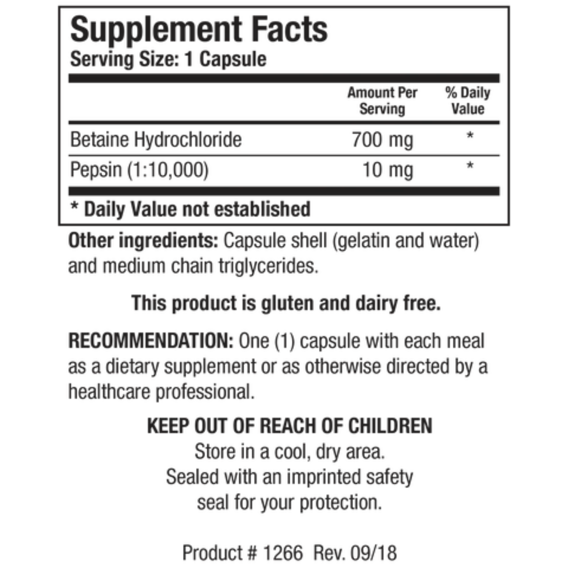 Betaine Plus HP supplement facts label showing Betaine Hydrochloride and Pepsin concentrations