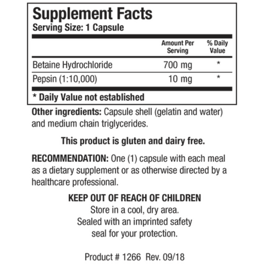 Betaine Plus HP supplement facts label showing Betaine Hydrochloride and Pepsin concentrations