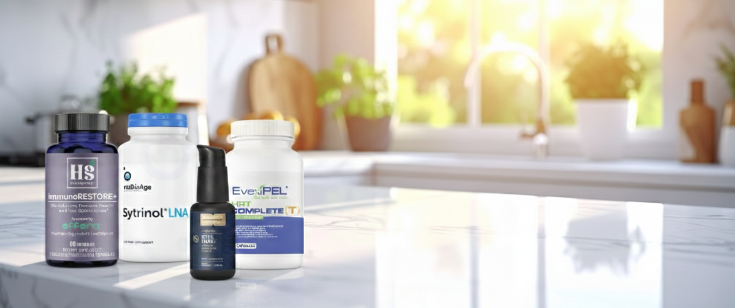 Supplement bottles on a kitchen counter with a bright window in the background