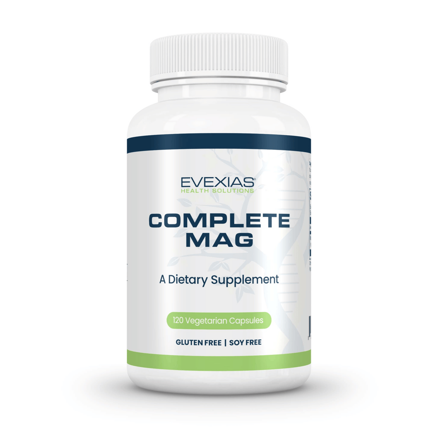 Complete Mag dietary supplement bottle by Evexias with 120 vegetarian capsules, gluten free and soy free.