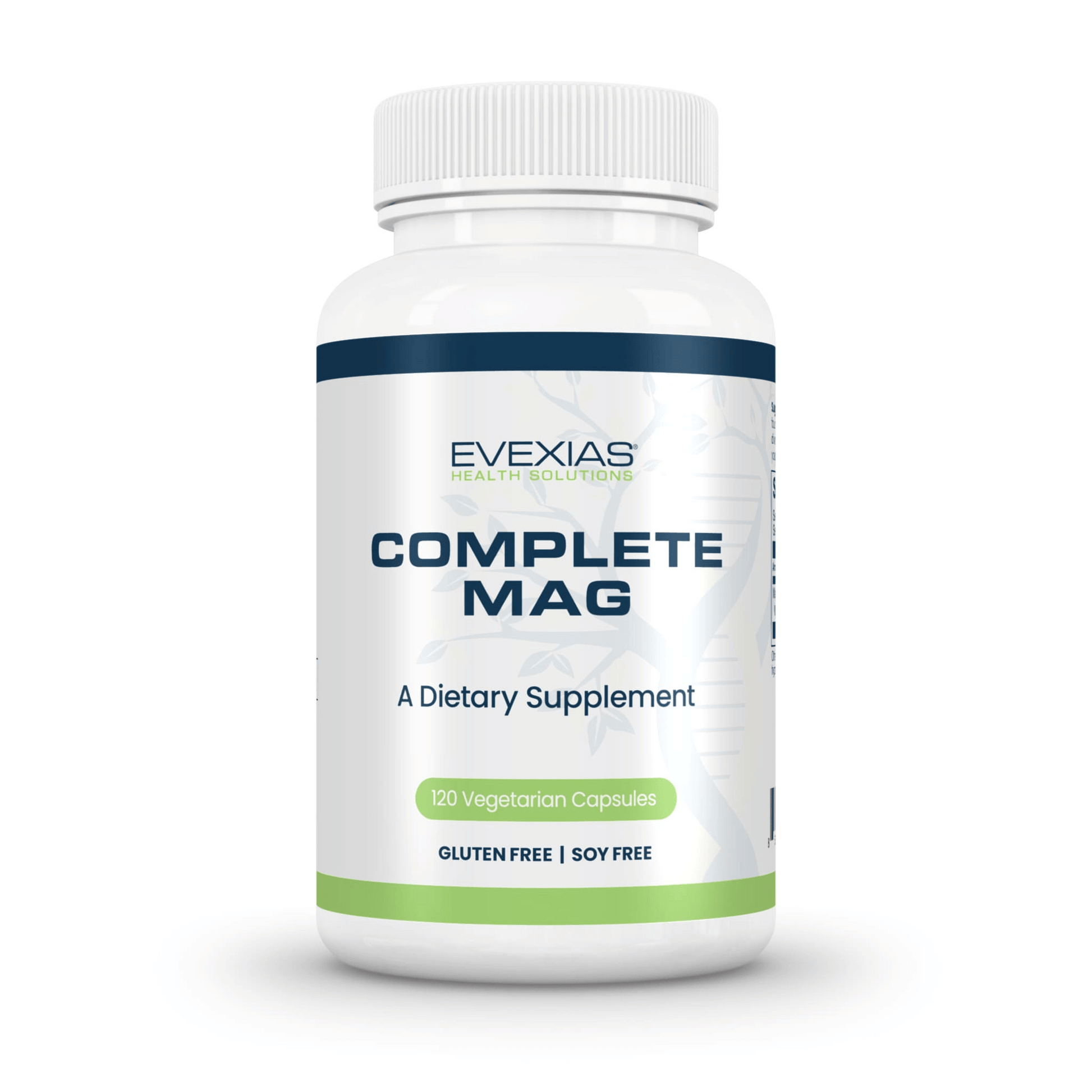 Complete Mag dietary supplement bottle by Evexias with 120 vegetarian capsules, gluten free and soy free.